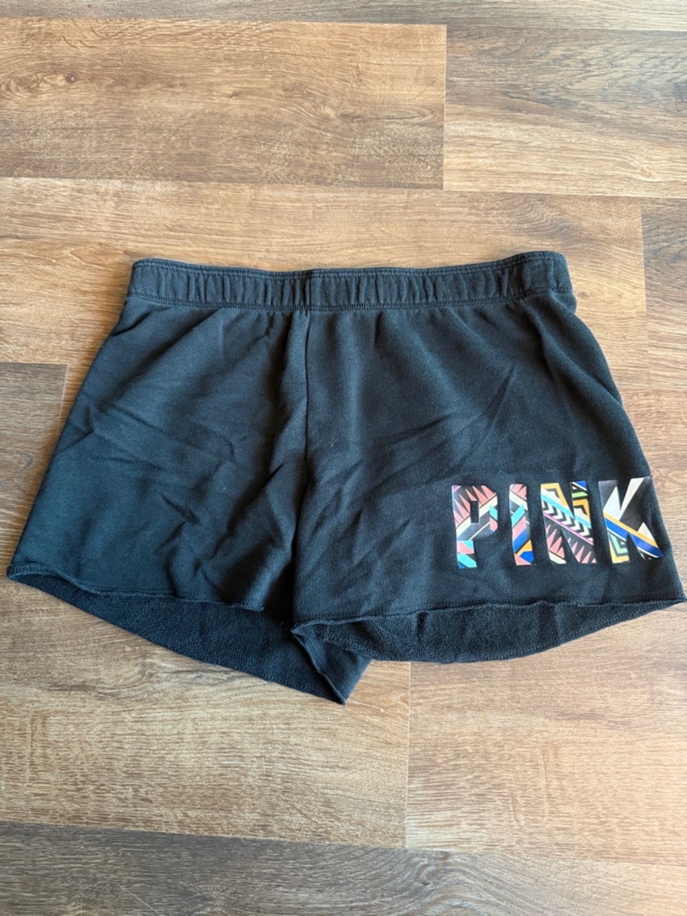 PINK Victoria's Secret Black Athletic Shorts with Colorful Patterned Logo